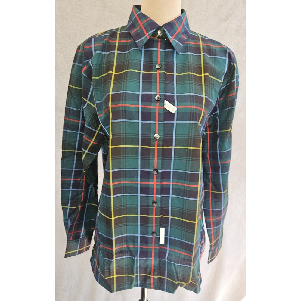 Vintage Foxcroft Plaid Button Down Shirt Size 12 Deadstock Y2K Wrinkle Free Gree